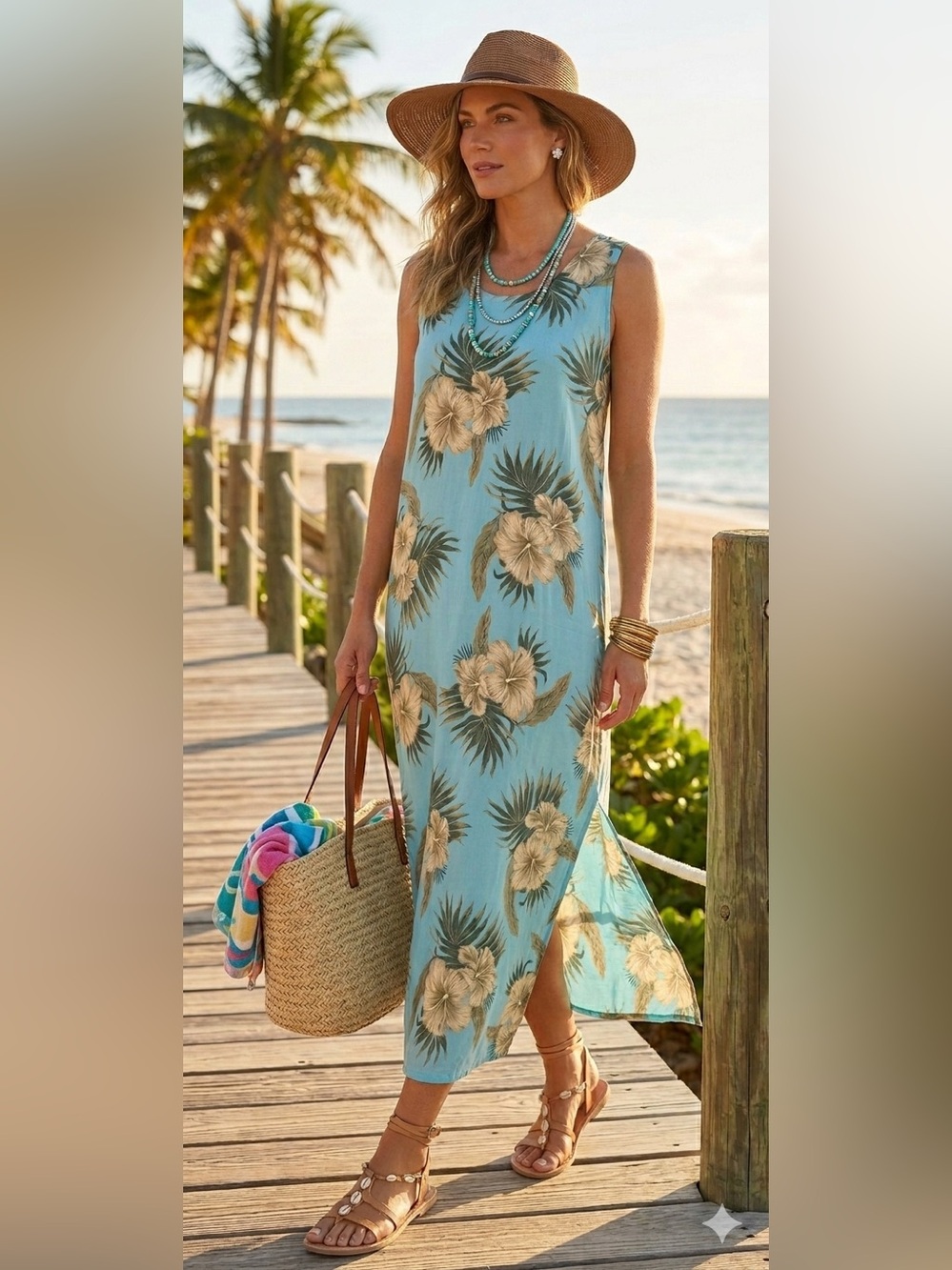Hibiscus Collection Hawaii Dress Womens L Turquoise Floral Rayon Hawaiian Maxi